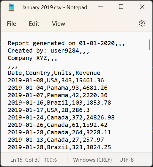 Eksempelfil for CSV for januar 2019 Eksempel på CSV-fil for januar 2019 som viser topptekstinndelingen og resten av dataene, alle atskilt med komma.