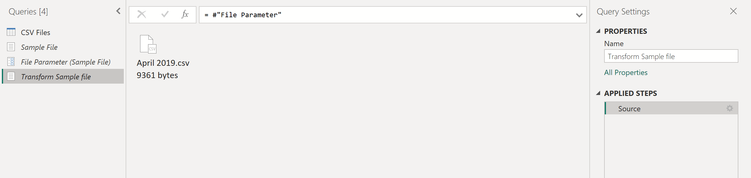 Skjermbilde med den nye transformeringseksempelfilspørringen.