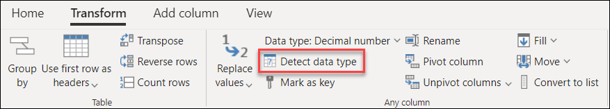 Kommandoen Identifiser datatype på Fanen Transformer.