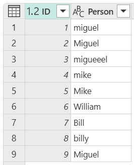Skjermbilde av en tabell med ni rader med oppføringer som inneholder ulike stavemåter og store bokstaver i navnet Miguel og William.