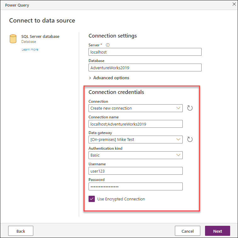 Connection credentials of the SQL Server database connector where the user has entered a data gateway, a new connection name, and the credentials using the Basic authentication kind.