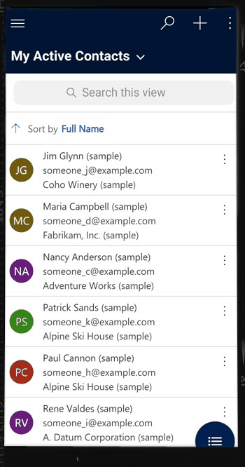 Demonstrasjon av hvordan Dataverse-søk fungerer i en modelldrevet app som kjører på Power Apps Mobile Demonstrasjon av hvordan Dataverse-søk fungerer i en modelldrevet app som kjører på Power Apps Mobile.