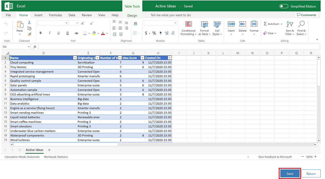 Velg Lagre i Excel Online-filen.