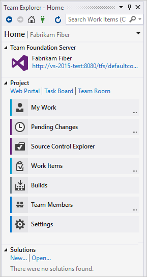 Team Explorer Home page w/ TFVC as source control Team Explorer Home page w/ TFVC as source control