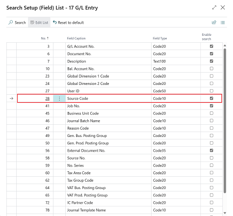 Viser side for søkeoppsettsfelt som viser tekst- og kodefelter du kan inkludere i søkeresultatene