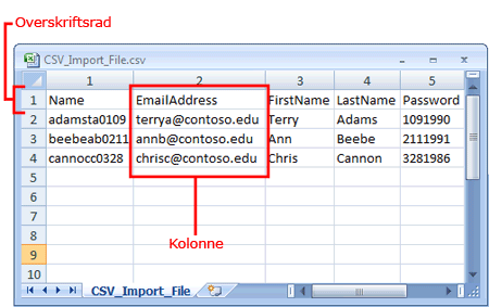 Eksempel på CSV-importfil