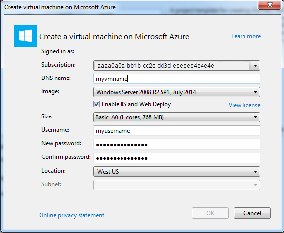 Create virtual machine on Azure dialog box