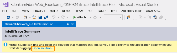 Open solution from IntelliTrace log