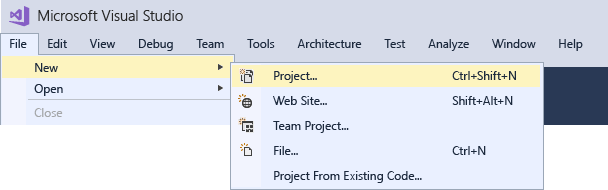 Screenshot showing the Visual Studio menu bar where you choose File, New, Project. On the menu bar, choose File, New, Project