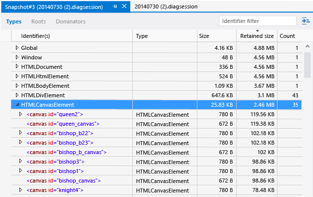 JS_Mem_Snapshot_Details Snapshot details view showing potential issues