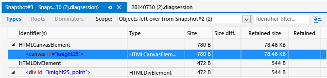 JS_Mem_Snapshot_Diff Snapshot diff view showing types
