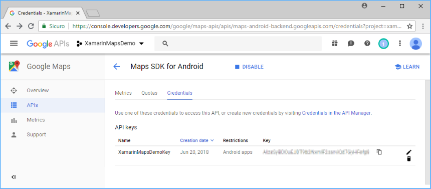 XamarinMapsDemoKey is shown in the API keys list