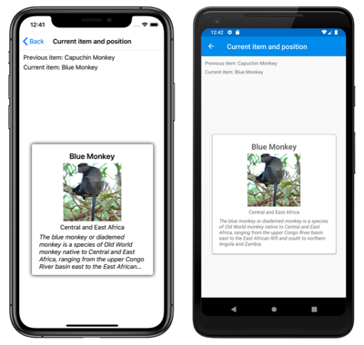 Screenshot of a CarouselView with previous and current items, on iOS and Android