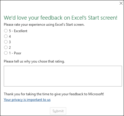 Screenshot: Example of in-product Excel feedback request.