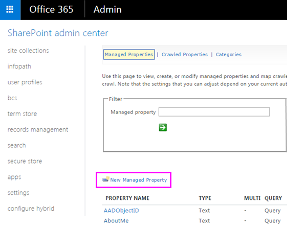 Managed Properties page with New Managed Property button highlighted.