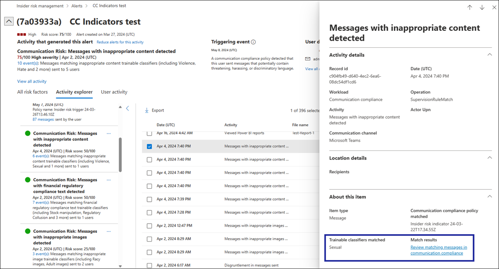 Insider risk management case Content explorer.