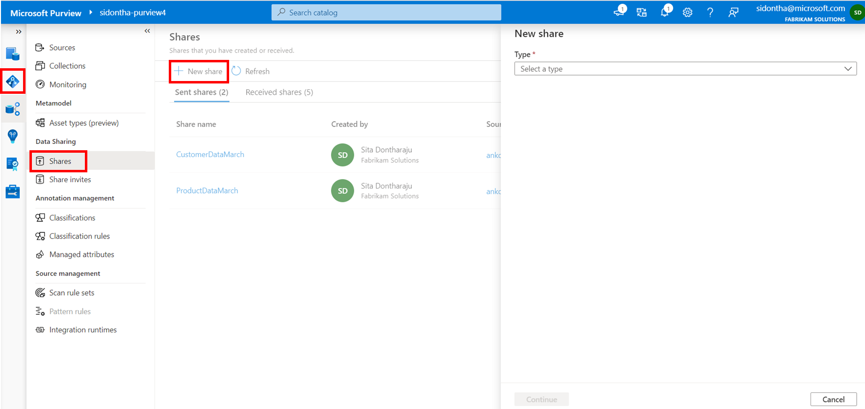 Screenshot that shows the Microsoft Purview governance portal Data Map with Data Map, Shares and New Share highlighted.