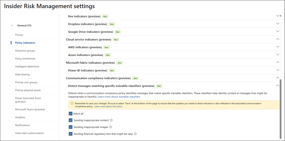 Communication compliance indicators in insider risk management Policy indicators setting.