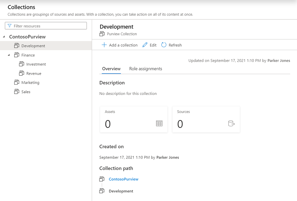 Screenshot of the classic Microsoft Purview governance portal window, showing the newly created collection window.