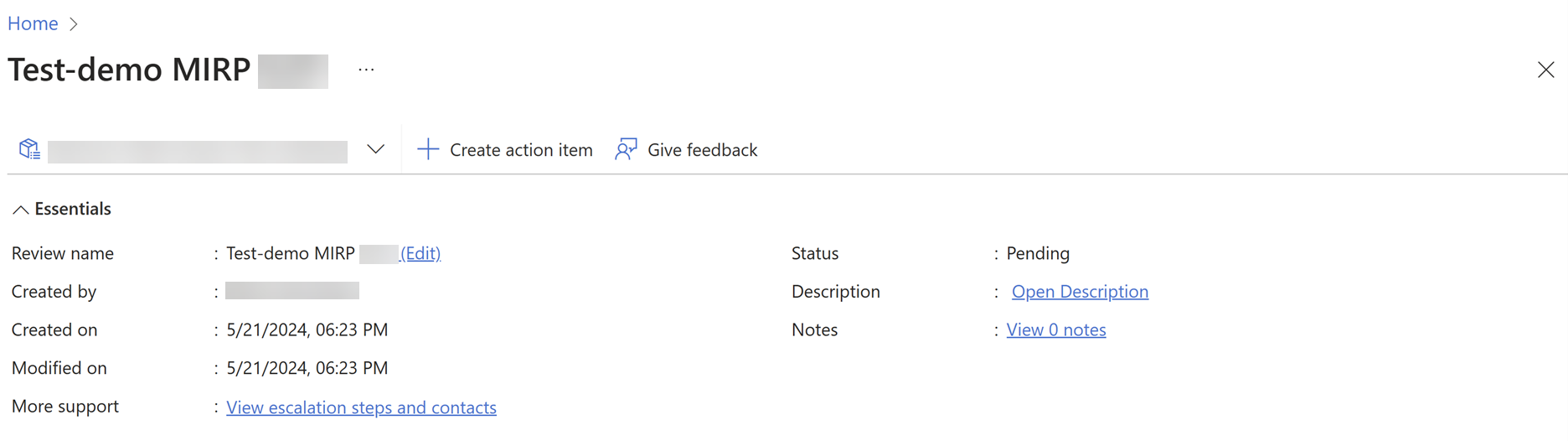 Test navn på gjennomgang av arbeidsbelastningsoppføring, hvem som opprettet og når, når det er endret, mer støtte, status, beskrivelse og notater.