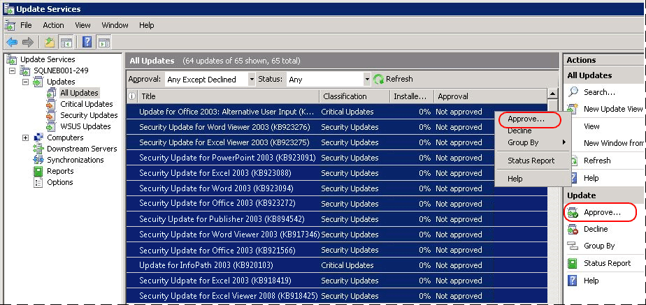 SQL_Server_PDW_WSUSSelectApprove Select all updates that apply and click Approve.