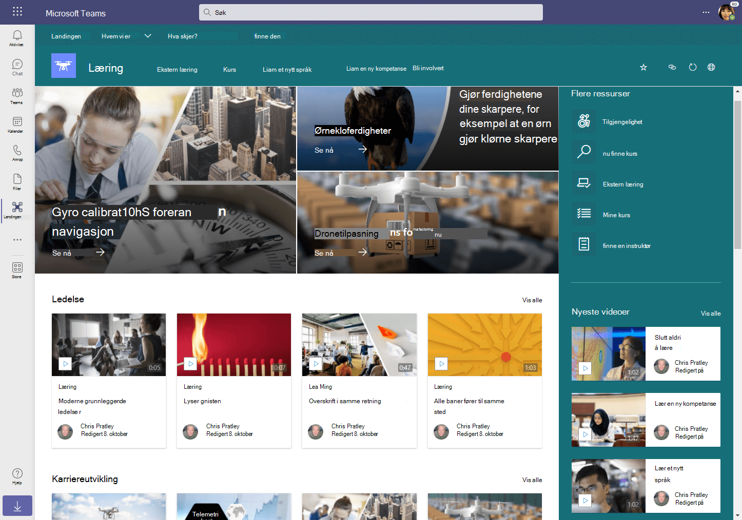 Læringsnettsted som vises via Viva Connections som en fane i Teams. Videoer vises på siden som hovedbannerelementer øverst på siden, inndelt etter emner og i en inndeling med reccent-videoer.