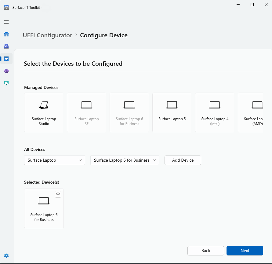 Screenshot of device selection for UEFI Configuration.