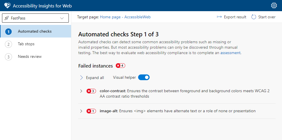 Skjermbilde av FastPass-resultater, som viser problemer med fargekontrast.