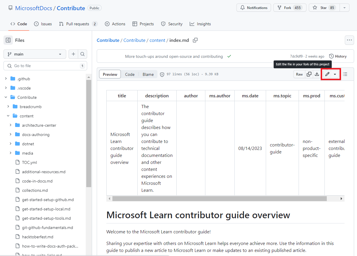 Skjermbilde av kildefilen for Bidra-artikkelen som ble åpnet i en nettleser, og Rediger-ikonet er uthevet.