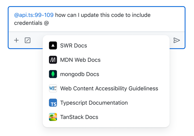 Skjermbilde av søk gjennom organisasjonsdokumentasjon ved hjelp av GitHub Copilot-chat.