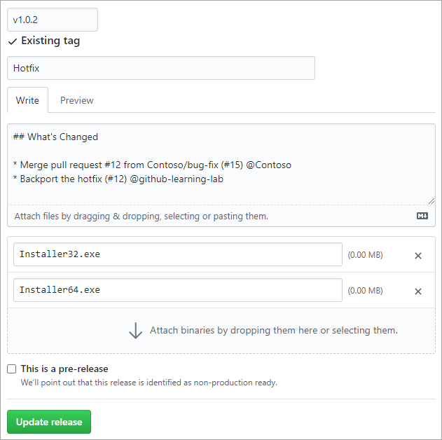 Skjermbilde av oppretting av en GitHub-utgivelse.