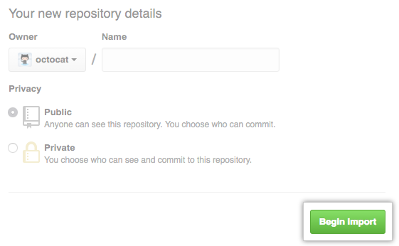 Skjermbilde av startimportknappen for en ny repositoriumimport.