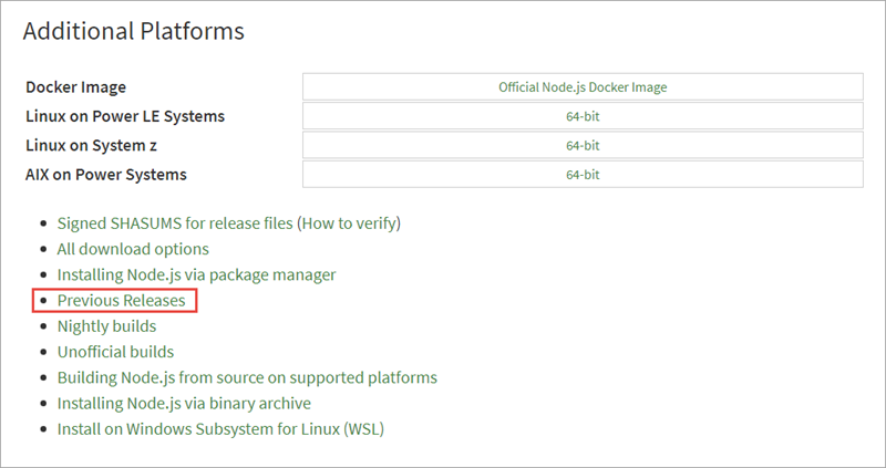 Screenshot of the node version manager download options.