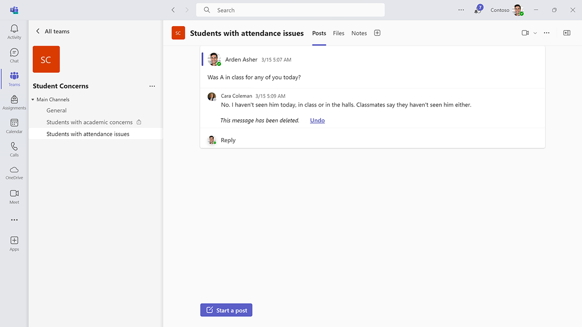 Screenshot of the channels list and channel post about attendance issues in the Student Concerns team in Microsoft Teams for Education.