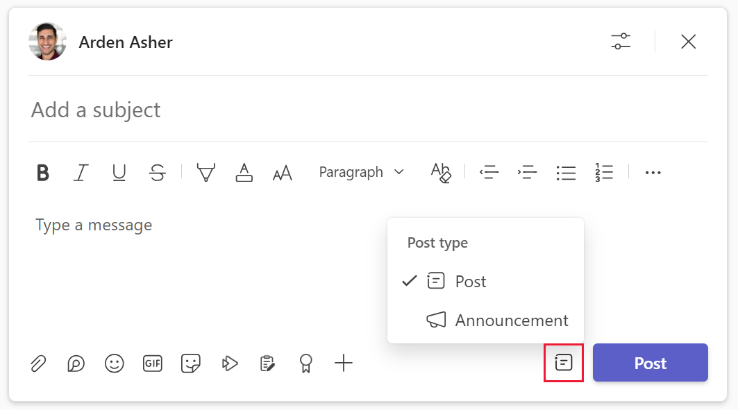 Screenshot of post type settings for channel posts in Microsoft Teams.