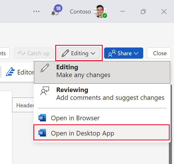 Screenshot showing how to edit a Teams document in the desktop app Microsoft Word app.