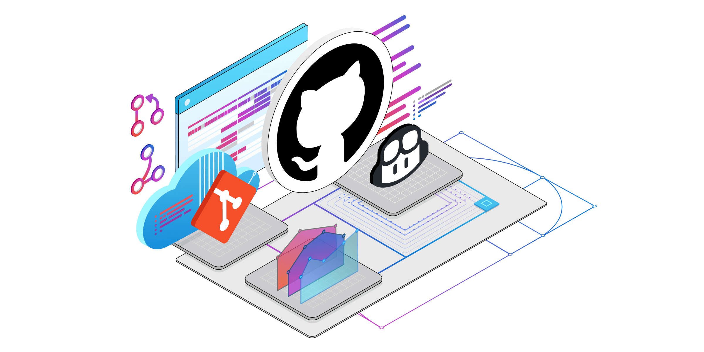 En isometrisk illustrasjon av tekniske komponenter for Github-tjenester.