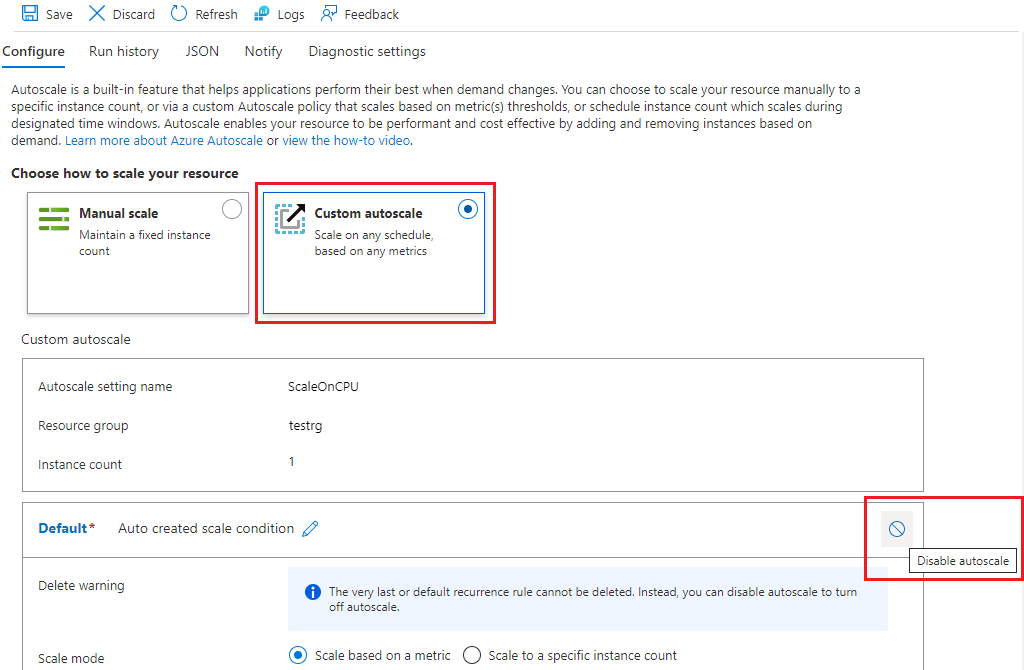 Screenshot of the Scale Out page of an App Service Plan with the **Disable autoscale** button highlighted.