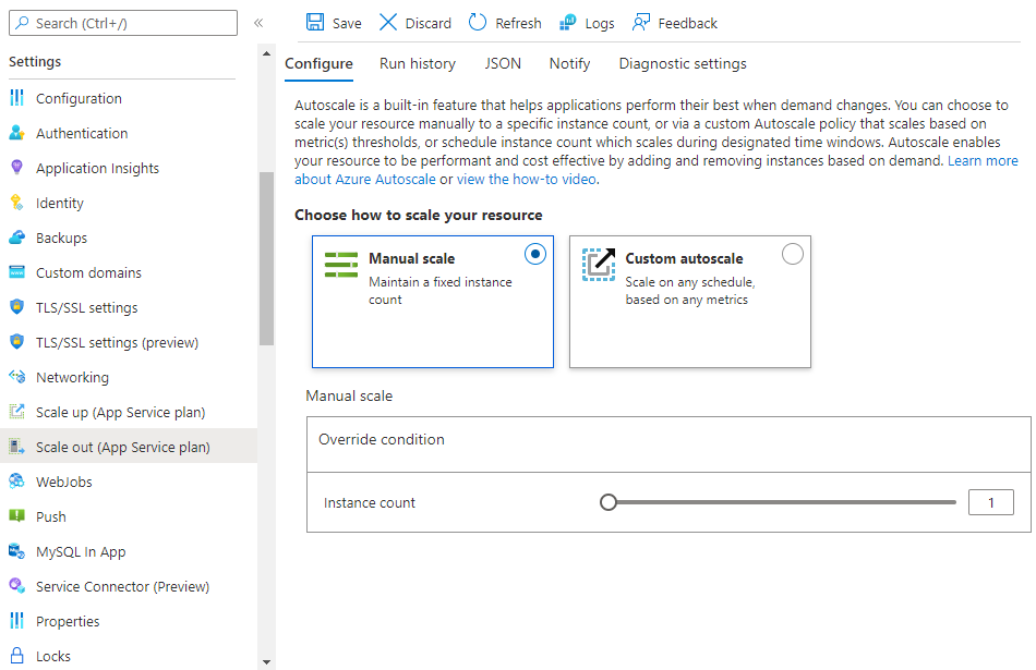 Screenshot of the Scale Out page for an App Service Plan with the **Manual scale** button highlighted.