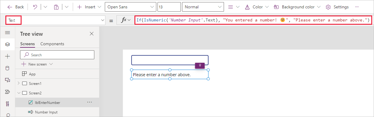 Screenshot of the Text property of our label with the If(IsNumeric) condition.