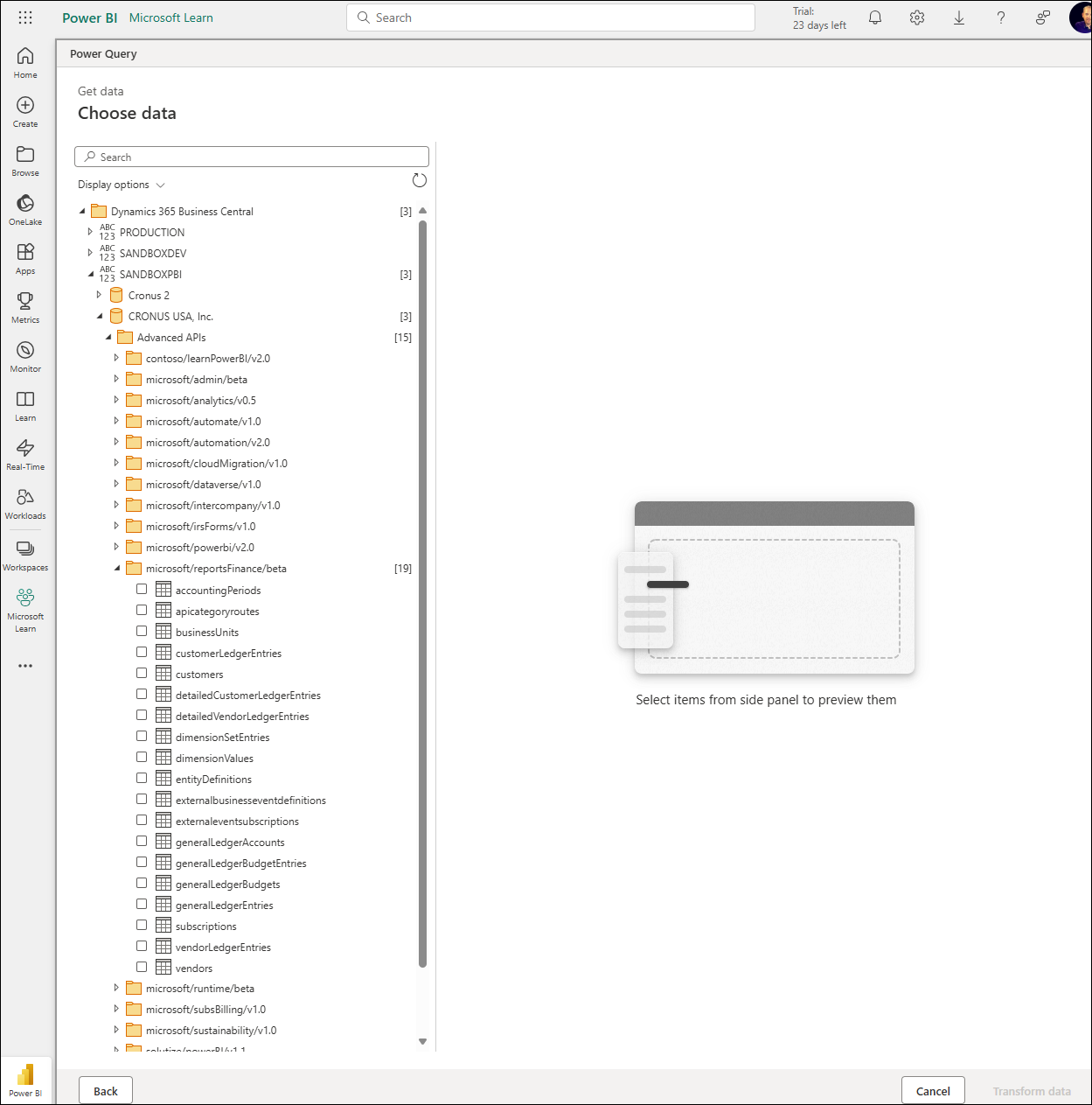 Screenshot of the Choose data window with the APIs expanded.