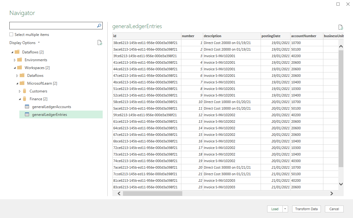 Screenshot of the workspace showing the dataflows consuming the finance APIs.