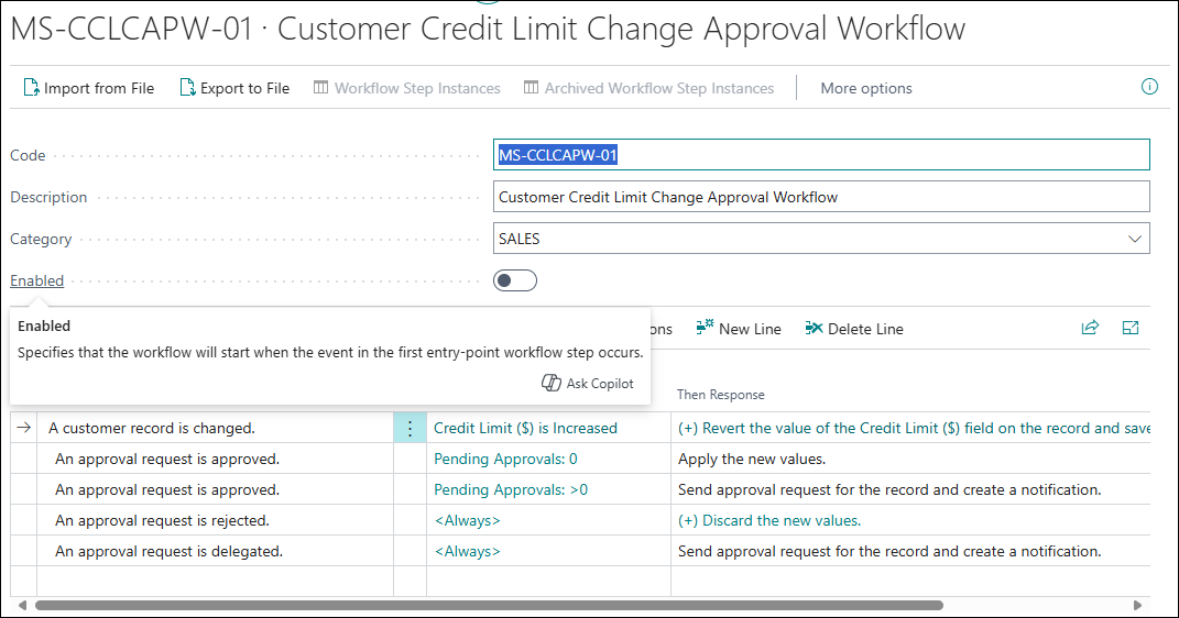 Screenshot of an example workflow in Business Central.