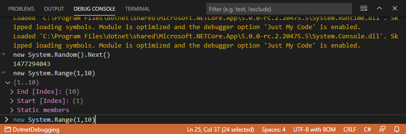 Skjermbilde av Feilsøkingskonsoll for Visual Studio Code.