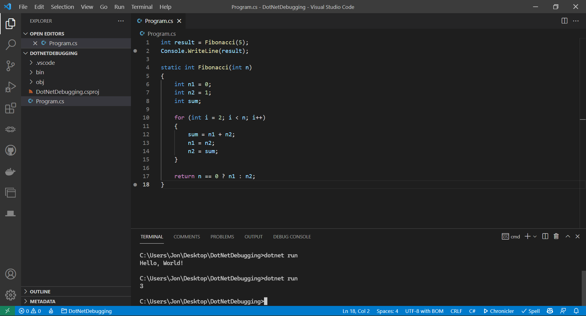 Terminal-vindu med endret programutdata.