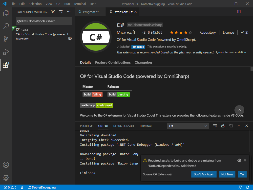 Skjermbilde av Visual Studio Code-ledeteksten for nødvendige ressurser.