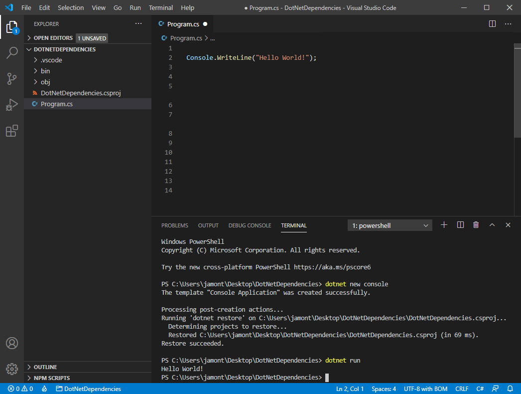 Skjermbilde av Visual Studio Code med et nytt konsollprogram.