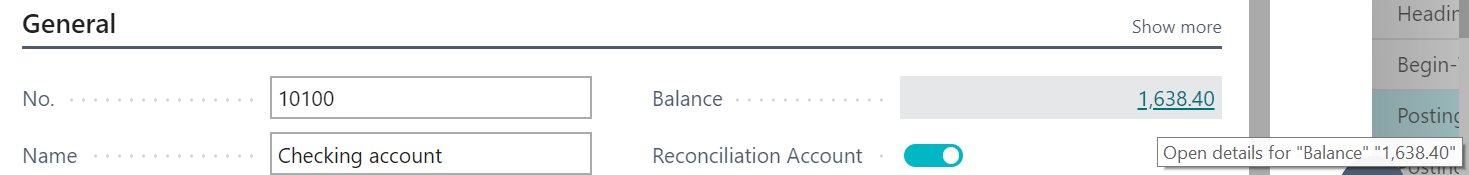 Screenshot of the Balance field for G/L Accounts.