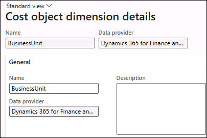 Screenshot of the Cost object dimension details page with Standard view.