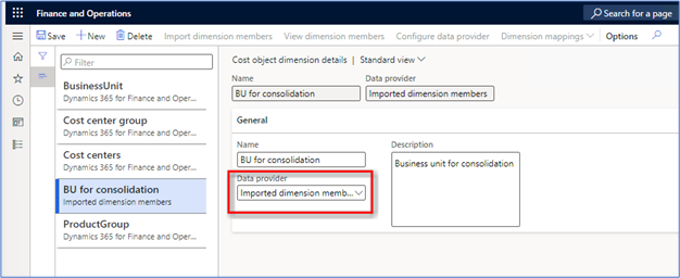Screenshot of the Cost object dimension details page showing the Imported dimension members option.